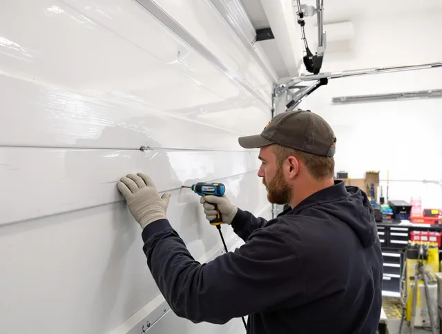 Fairview Park Garage Door Repair technician demonstrating precision dent removal techniques on a Fairview Park garage door