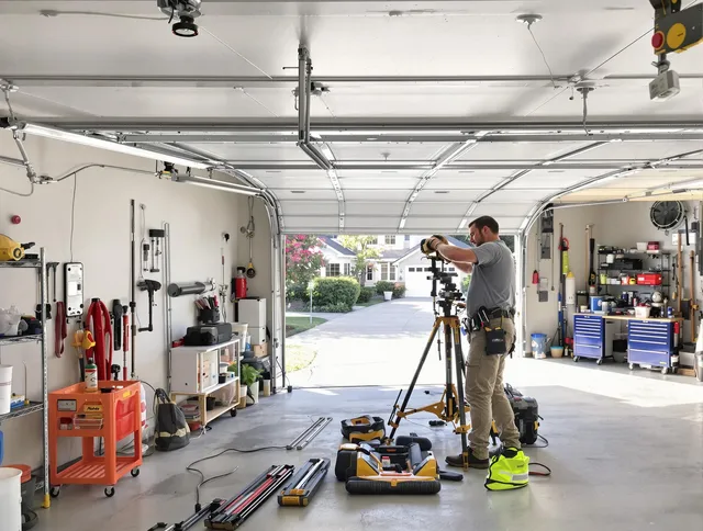 Fairview Park Garage Door Repair specialist performing laser-guided track alignment in Fairview Park